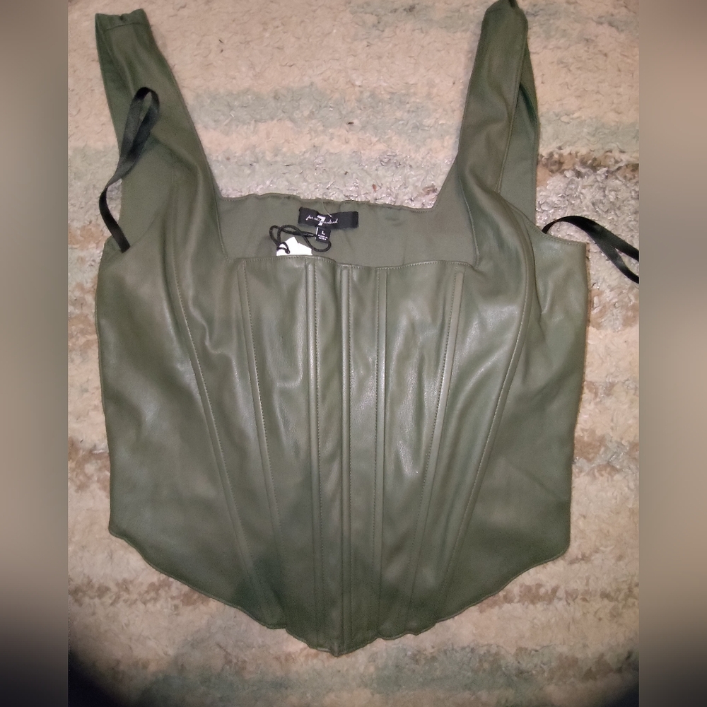 7 For All Mankind Olive Green Faux Leather Corset Top